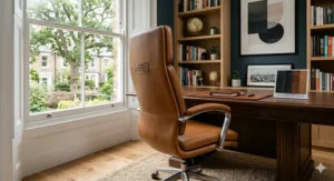 High-backed boardroom chair featuring exquisite Italian leather upholstery in tan, showcasing precise craftsmanship and sophisticated British office design.