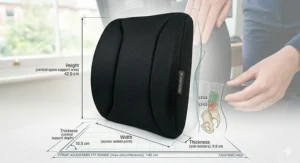 Technical dimension diagram displaying the cushion's measurements in centimetres, showing a height of 42.0 cm, a central thickness of 10.5 cm, side bolster thickness of 6.0 cm, and a 140 cm strap range.