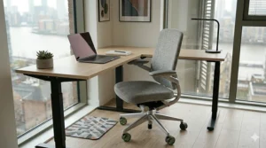 Luxury grey leather executive office chair positioned at a modern boardroom table in a London corporate workspace.