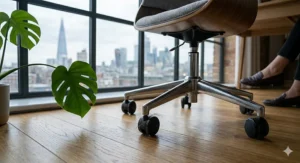 Low angle shot of the polished chrome five-star swivel base and premium twin-wheel castors resting on a light oak hardwood floor.