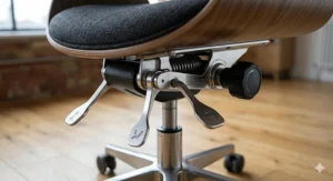 Close-up of the premium metal gas lift and ergonomic tension control levers underneath a luxury upholstered desk chair.