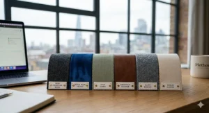 A neat row of luxury fabric samples including charcoal wool, royal blue velvet, sage linen, chestnut leather, slate bouclé, and cream canvas.