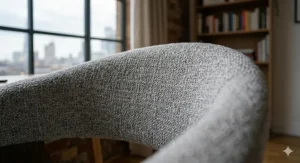 Detailed close-up of the premium grey bouclé fabric upholstery on the curved backrest of a luxury office chair.