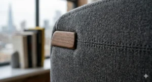 Macro photograph showcasing the precise double hand-stitching on grey wool upholstery alongside a premium walnut wood accent.