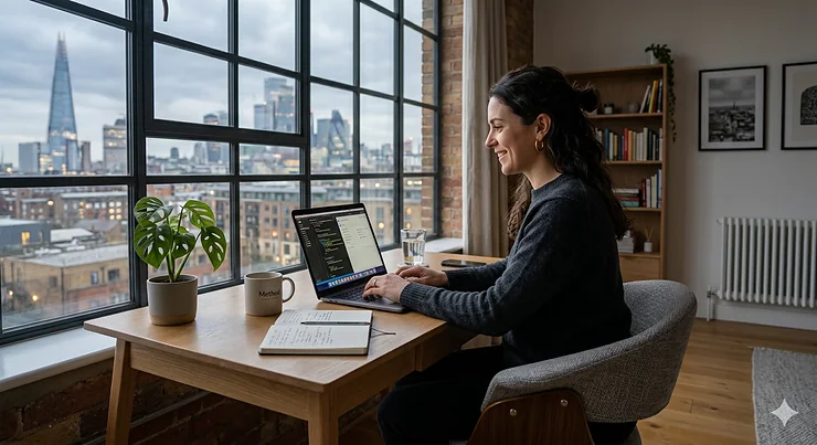 A professional woman working on a laptop while sitting in a luxury upholstered office chair in a modern London flat with views of the Shard skyline.