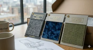 Luxury fabric swatch cards labelled deep charcoal wool, royal blue velvet, and olive green linen blend next to a technical design sketch of a chair.