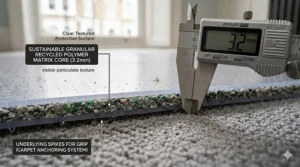 A close-up side-view photograph of a transparent plastic mat, showing engineered spikes pressing into a grey textured wool-blend carpet. An informational diagram with text labels is overlaid in the corner.