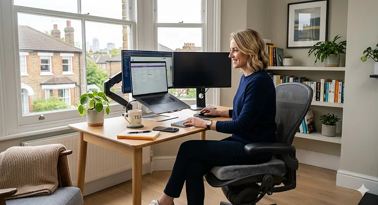 A grey memory foam office chair cushion placed on a white mesh desk chair in a bright, modern UK home office setup. memory foam office chair cushion