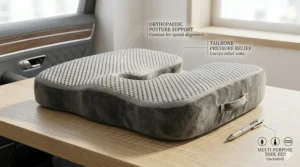 A line drawing diagram showing the width, depth, and thickness dimensions of the memory foam seat cushion with its built-in carry handle.