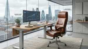 Ergonomic brown leather office chair at a minimalist desk in a contemporary UK corporate workspace.