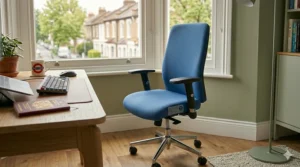Row of sleek navy blue office chairs arranged around a light oak desk in a professional London corporate workplace.