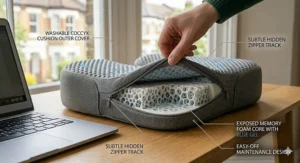 Bottom view of a coccyx cushion for an office chair highlighting the non-slip rubber mesh base for secure seating.