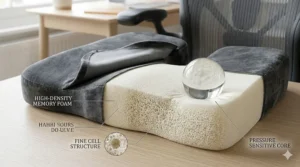 Close-up view of the non-slip studded rubber bottom layer of a memory foam office chair cushion to prevent sliding.