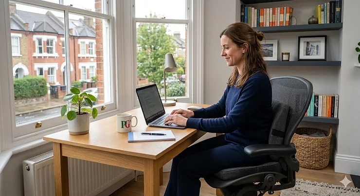 Premium office chair cushion and lumbar support set installed on a modern mesh desk chair in a bright UK home office. office chair cushion and lumbar support set