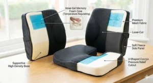 Product design blueprint showing the width, height, and strap lengths of the office chair cushion and lumbar support set.