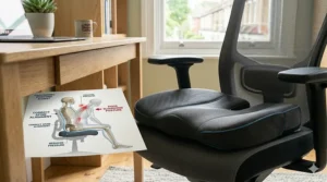 A side-by-side illustration comparing poor slouching posture to upright, correct spine alignment achieved by using an ergonomic seat padding insert.