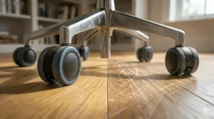 Side-by-side comparison showing damaged laminate flooring from cheap plastic wheels versus a pristine floor protected by rubber caster wheels.