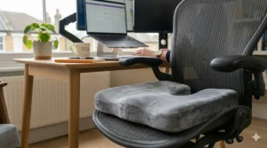An orthopaedic diagram showing how a memory foam office chair cushion reduces pressure on the coccyx and spine while sitting.