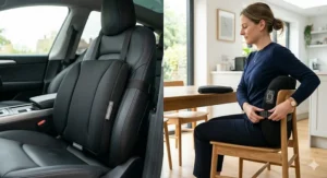 Split graphic showing the Ergosupport UK lumbar support cushion fitted onto a black leather car seat on the left, and being adjusted on a wooden home dining chair on the right.