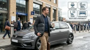 A lifestyle illustration showing a commuter carrying a lightweight gel seat cushion with a built-in handle, suitable for office chairs, car seats, or regional UK train commutes.