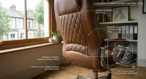 A detailed rear-angle view of the chair backrest highlighting the high-quality tan faux leather grain and diamond stitching, with a technical inset diagram showing the variable dynamic lumbar support mechanism.