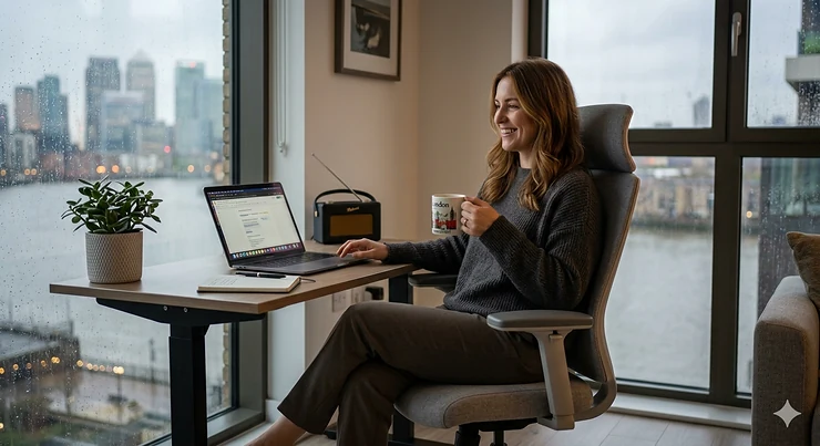 Premium high-back grey office chair with mesh backrest and adjustable armrests in a modern British home office setting.