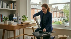 The woman successfully lifting the old, metallic gas strut cylinder away from the central housing of the upside-down office chair.