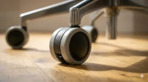 Close-up of a rubberised office chair wheel rolling quietly across a grey stone tile floor in a British home office.