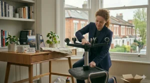 The woman firmly pressing the black nylon five-star wheel base back onto the newly installed gas lift cylinder.