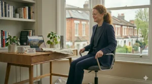 The woman sitting happily on her repaired ergonomic office chair, testing the smooth height adjustment at her desk in front of the bay window.