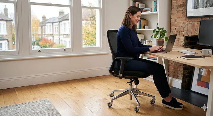 Premium rollerblade office chair wheels fitted to a modern black swivel chair, gliding smoothly across a light oak hardwood floor in a home office.
