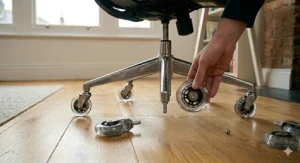 Graphic illustrating the noise reduction benefits of silent rollerblade wheels for an office chair, ideal for quiet home office environments.
