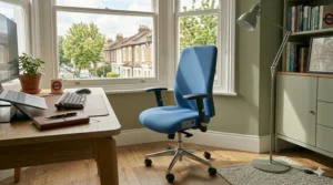Compact velvet blue office chair without armrests neatly tucked under a space-saving white desk in a British bedroom workspace.