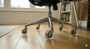 Cutaway illustration of a tangle-free rollerblade desk chair wheel, showing how the enclosed axle prevents dust and hair buildup.