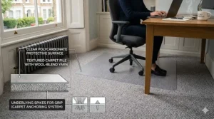 A detailed illustration explaining the composition of a spiked chair mat, with technical text pointers and icons describing its different layers, including a sustainable dynamic structure and a patterned grip surface.
