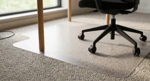 A clear, durable polycarbonate chair mat protecting a carpeted office floor.
