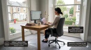 A wide photograph of a woman with her hair in a bun, sitting at a wooden desk by a large sash window, typing on a laptop with an external monitor. A transparent plastic mat is visible under her chair.