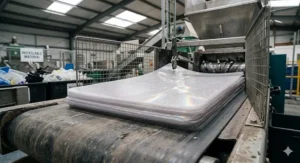 Graphic illustrating the lifecycle of a 100 percent recyclable eco friendly office chair mat that reduces landfill waste in the UK.