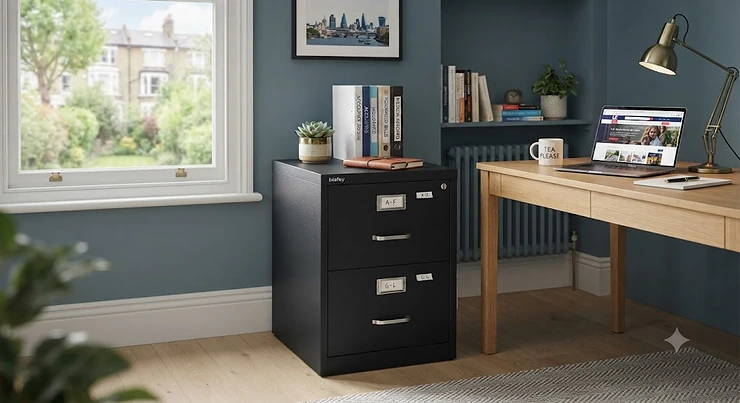 A sleek, modern 2-drawer filing cabinet in a contemporary home office setting, featuring organised paperwork and clean British interior styling. 2 drawer filing cabinet