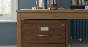 A space-saving 2-drawer filing cabinet neatly tucked under a computer desk.