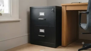 A compact two-drawer grey metal filing cabinet fitting perfectly underneath a wooden home office desk.