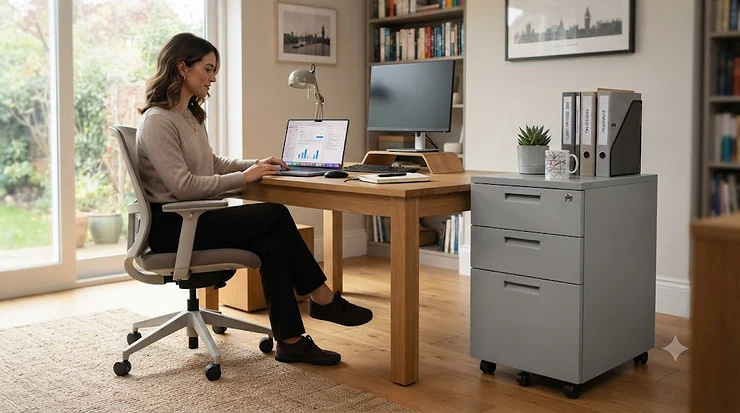 A professional woman working at a home office desk with a grey 3-drawer filing cabinet nearby. 3 drawer filing cabinet