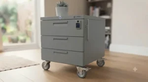 A mobile 3-drawer filing cabinet on castors,