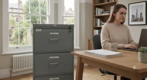 A 4-drawer filing cabinet shown at standard office height next to a desk for scale and perspective.