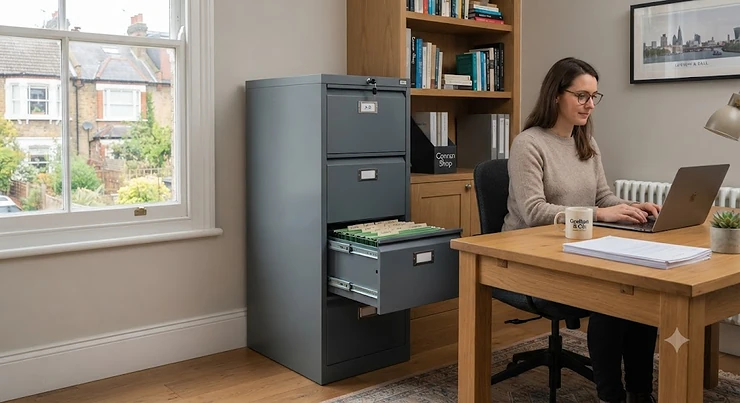 A professional 4-drawer filing cabinet in a modern home office, providing a secure and organised storage solution for A4 paperwork. 4 drawer filing cabinet