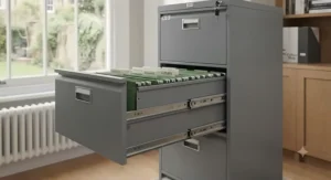 Close-up of the smooth-glide metal runners on a 4-drawer filing cabinet showing full drawer extension.