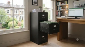 Three-quarter view of the tall four-drawer grey metal filing cabinet with all drawers slightly open.