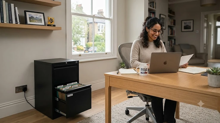 A sleek metal A4 filing cabinet organised in a modern British home office, providing secure storage for paperwork. A4 filing cabinet