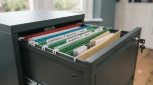 Spacious interior drawer of a lockable filing cabinet configured for organised A4 and foolscap suspension files.