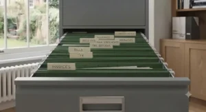 Interior view of a deep filing drawer designed to fit standard A4 suspension files neatly.